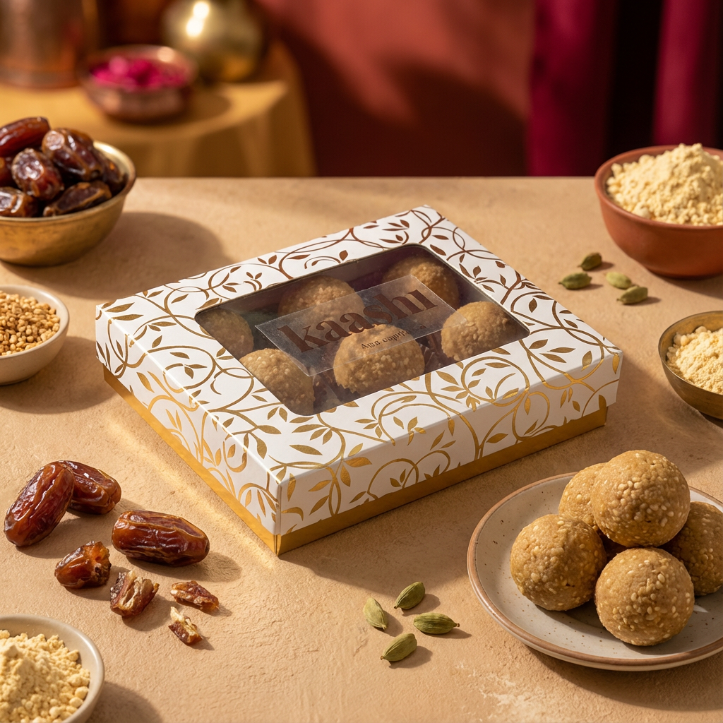 Til laddu close-up — sesame seeds, dry coconut and pure desi ghee